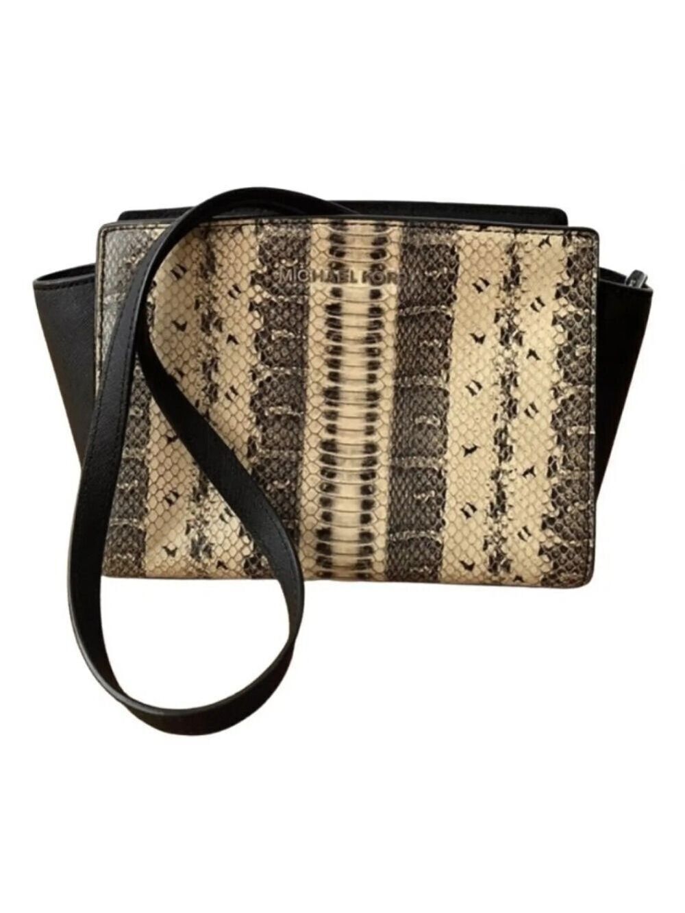 Michael Kors Selma Black Ivory Python Embossed Saffiano Crossbody Bag 30S4SLMM2N